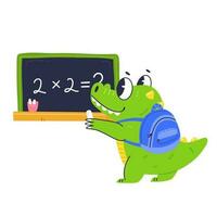 Back to school concept poster design with cute crocodile character writing on the blackboard. Happy baby crocodile student in cartoon flat style. Vector illustration.