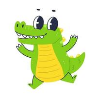 Cute crocodile character jumps for joy. Cartoon flat baby crocodile. Vector isolated illustration.