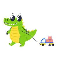Cute crocodile character playing with a typewriter. Cartoon flat baby crocodile. Vector isolated illustration.