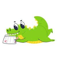 Cute crocodile character writes in a notebook. Cartoon flat baby crocodile is reading a book. Vector isolated illustration.