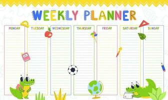 Design of the children's weekly planner template. Ready-made schedule design for the week with a cartoon character crocodile. vector