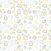 Seamless children's pattern with colorful funny doodles. Pattern with cute children's doodle drawings. Vector illustration background.