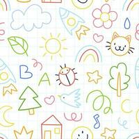 Seamless children's pattern with colorful funny doodles with a checkered paper texture. A pattern with cute children's doodle drawings. Vector illustration background