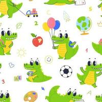 School seamless pattern with school objects and cute crocodile character. Vector elementary school illustration background