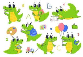 Set of cartoon character crocodile schoolboy. Crocodile baby goes to kindergarten vector