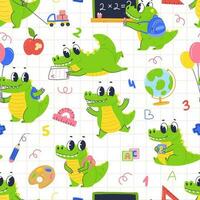 A seamless school pattern with school supplies and a cute crocodile character. Vector elementary school illustration background