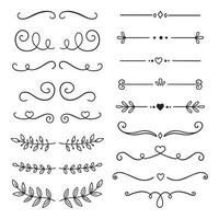 Text dividers doodle set. Wedding decorative elements with leaves, swirls, hearts. Divider ornament, borders, lines. Hand drawn vector illustration isolated on white background