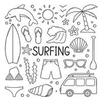 Surfing doodle set. Summer elements. Surfboard, wave, dolphin, palm, shorts in sketch style. Hand drawn vector illustration isolated on white background