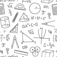 Seamless pattern of Mathematics doodle. School equipment, maths formulas in sketch style. Hand drawn vector illustration