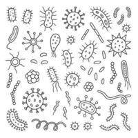 Bacteria and Viruses doodle set. Microorganism in sketch style. Hand drawn vector illustration isolated on white background