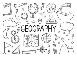 geografía garabatear colocar. educación y estudiar concepto. mapa, globo, barco, Brújula en bosquejo estilo. mano dibujado vector ilustración aislado en blanco antecedentes