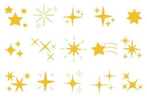 destellos y centelleo estrellas colocar. Brillantina explosión, brillante estrella, que cae estrella, Fuegos artificiales, magia brillar iconos mano dibujado vector ilustración aislado en blanco antecedentes.