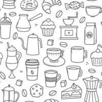 Seamless pattern of coffee time doodle. Teapots, cups, turk and sweets in sketch style.  Vector illustration