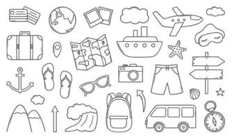 Travel doodle set. Summer vacation, tourism elements in sketch style. Bag, ticket, transport, camera, map. Summer Adventure. Hand drawn vector illustration isolated on white background