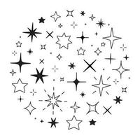 Sparkles and Twinkling stars doodle set. Glitter burst, shining star, falling star, firework, magic sparkle icons. Hand drawn vector illustration isolated on white background.