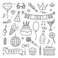 Set of party doodle. Sketch of Birthday decoration, gift box, cake, party hats in sketch style. Hand drawn vector illustration isolated on white background.