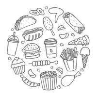 Fast food doodle set. Hamburger, ice cream,  hot dog, pizza in sketch style. Vector illustration isolated on white background.