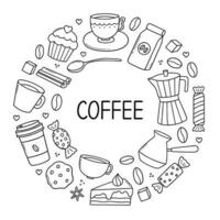 Coffee time doodle set. Teapots, cups, turk and sweets in sketch style.  Vector illustration isolated on white background.