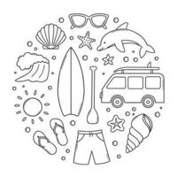 Surfing doodle set. Summer elements. Surfboard, wave, dolphin, shorts in sketch style. Hand drawn vector illustration isolated on white background