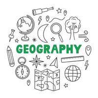 Geography doodle set. Education and study concept. map, globe, ship, compass in sketch style. Hand drawn vector illustration isolated on white background