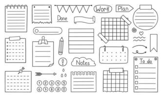 Hand drawn bullet journal doodle. Set of notes, ribbons, frames, stickers for bullet journal, notebook, diary and planner. Vector illustration isolated on white background.