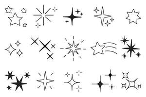 Sparkles and Twinkling stars doodle set. Glitter burst, shining star, falling star, firework, magic sparkle icons. Hand drawn vector illustration isolated on white background.