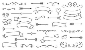 Decorative elements doodle set. Boho arrows, ribbons, text dividers. Divider ornament, borders, lines. Hand drawn vector illustration isolated on white background