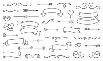 Decorative elements doodle set. Boho arrows, ribbons, text dividers. Divider ornament, borders, lines. Hand drawn vector illustration isolated on white background