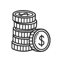 Stack of coins doodle. Pile of gold coins in sketch style. Vector illustration isolated on white background.