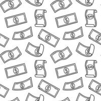 Seamless pattern of raining money doodle. Falling Dollar Banknotes in sketch style. Vector illustration