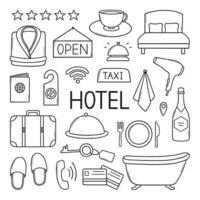 Hotel service doodle set. Suitcase, passport, bathrobe, dryer, bed in sketch style. Hand drawn vector illustration isolated on white background