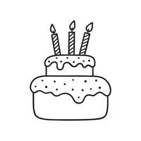 Birthday cake with three candles doodle. Hand drawn vector illustration isolated on white background