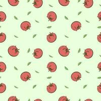 Seamless red green tomato pattern. Hand drawn fresh vegetables. Flat vector sketch background and contour line outline. Doodle wallpaper. Red and green print.