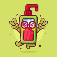 cute hand sanitizer bottle character mascot with peace sign hand gesture isolated cartoon in flat style design vector