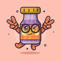 cute vaccine bottle character with peace sign hand gesture isolated cartoon in flat style design vector