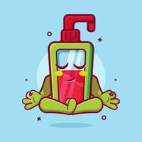 calma mano desinfectante botella personaje mascota con yoga meditación actitud aislado dibujos animados en plano estilo diseño vector