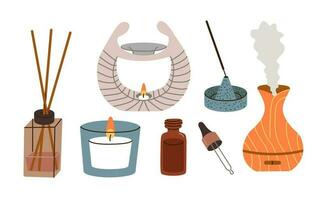 Set of home incense, aroma diffuser. Aromatherapy. Flat vector illustration.