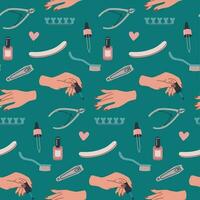 Well-groomed female hands with manicure. Hand applies nail polish. Seamless pattern of manicure tool kit. vector