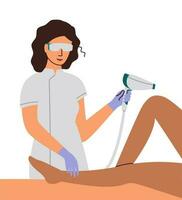 Device for beauty and health. Girl performs hair removal with laser device. Flat vector illustration.