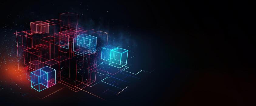 Artificial intelligence, composition of neon brain cubes on a dark background, isolate.. . photo