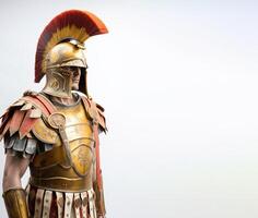 antiguo espartano troyano guerrero en armadura con armas blanco fondo, aislar. ai generado. foto