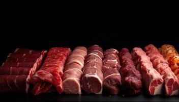 Set of different types of raw meat. Top view on the table. Black background. . photo