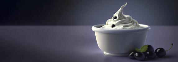 Whipped dessert yogurt cream with berries, dark background. . photo