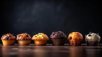 A collection of various flour muffins in a row, black background, isolated. . photo