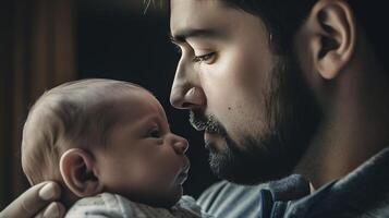 Father Day. Close-up baby next to dad, wallpaper background. . photo