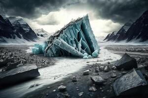 Arctic glacier floats in the sea on the background of the sun. . photo