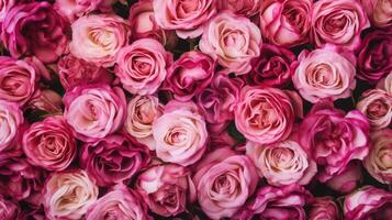 Nature, flower buds of pink roses in summer top view, wallpaper background. . photo