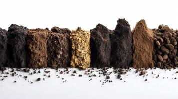Samples of ecological farm fertile soil, land in a row. . photo