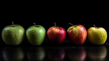 Different varieties of apples in a row, fresh fruits, white background isolate. . photo