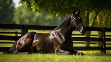 A dark bay horse with a fluffy tail and mane on green grass during the day. . photo